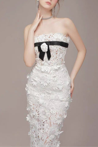 Strapless Flower Embroidery Maxi Dress In White