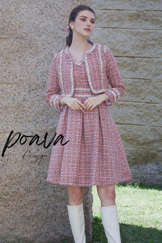 Embellished tweed dress set in pink