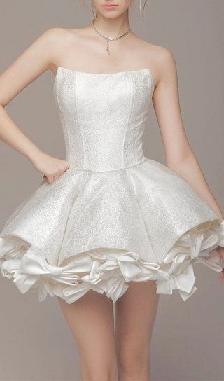 bow trim strapless mini dress in white
