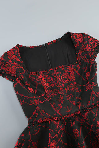 square neck jacquard mini dress in Black Red