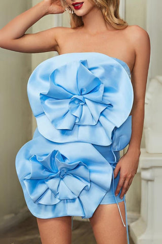 BLUE FLOWER STRAPLESS BIND MINI DRESS