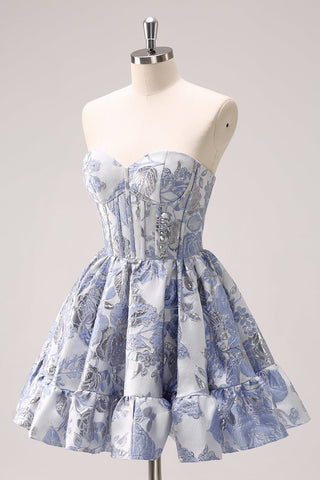 A Line Blue Corset Strapless Ruffles Floral Short Homecoming Dress