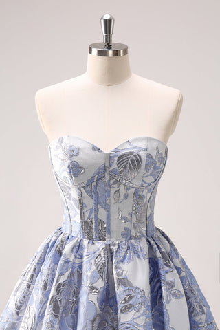 A Line Blue Corset Strapless Ruffles Floral Short Homecoming Dress