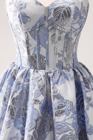 A Line Blue Corset Strapless Ruffles Floral Short Homecoming Dress