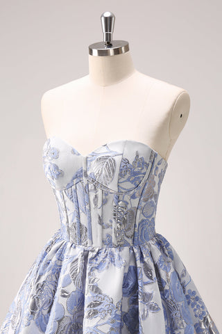 A Line Blue Corset Strapless Ruffles Floral Short Homecoming Dress