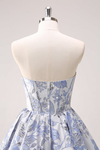 A Line Blue Corset Strapless Ruffles Floral Short Homecoming Dress