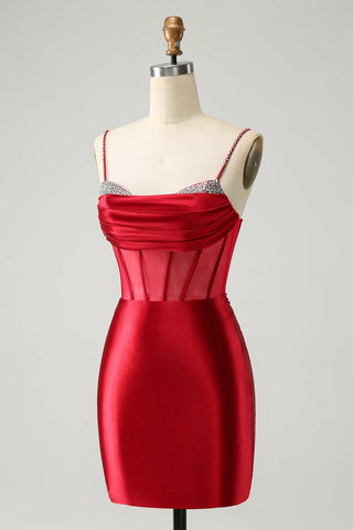 Dark Red Sequins Spaghetti Straps Tight Homecoming Dress