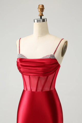 Dark Red Sequins Spaghetti Straps Tight Homecoming Dress