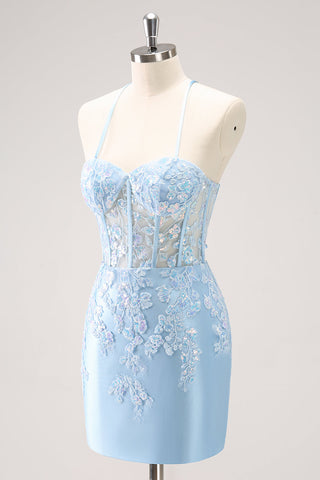 Sparkly Sequined Blue Spaghetti Straps Corset Short Homecoming Dress