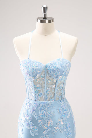 Sparkly Sequined Blue Spaghetti Straps Corset Short Homecoming Dress