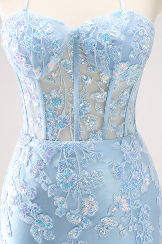 Sparkly Sequined Blue Spaghetti Straps Corset Short Homecoming Dress