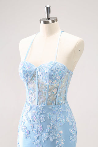 Sparkly Sequined Blue Spaghetti Straps Corset Short Homecoming Dress