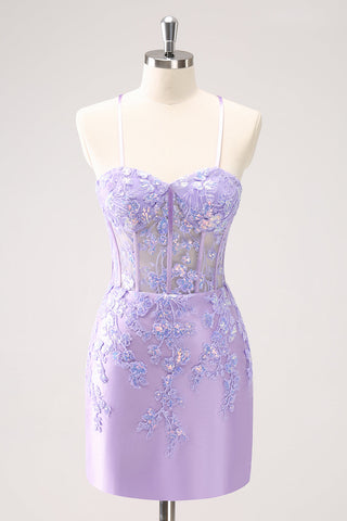 Sparkly Sequined Blue Spaghetti Straps Corset Short Homecoming Dress