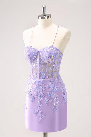 Sparkly Sequined Blue Spaghetti Straps Corset Short Homecoming Dress