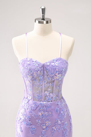 Sparkly Sequined Blue Spaghetti Straps Corset Short Homecoming Dress