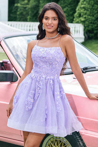 Glitter Lilac A Line Sequins Short Homecoming Dress with Appliques