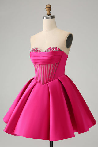 Cute Fuchsia A Line Sweetheart Corset Homecoming Dress with Beading