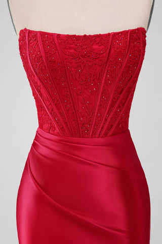 Red Strapless Lace Tight Homecoming Dress