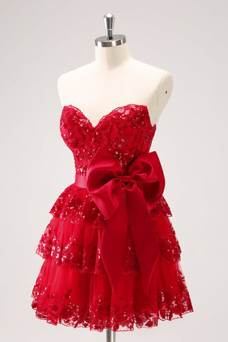 Red Sequined Strapless A Line Short Homecoming Dress with Bow