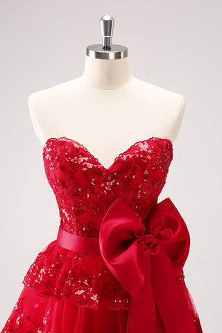 Red Sequined Strapless A Line Short Homecoming Dress with Bow