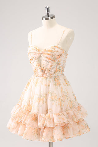 A Line Yellow Spaghetti Straps Floral Short Homecoming Dress