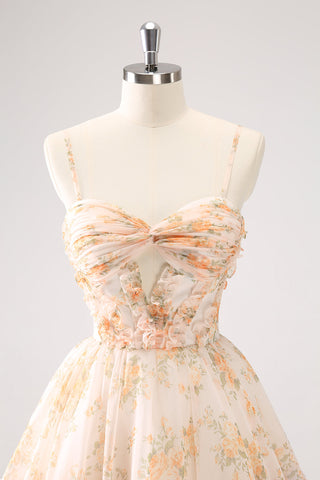 A Line Yellow Spaghetti Straps Floral Short Homecoming Dress