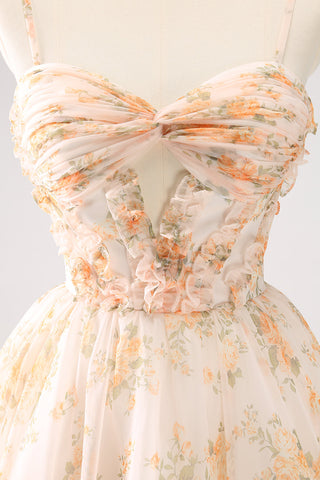 A Line Yellow Spaghetti Straps Floral Short Homecoming Dress