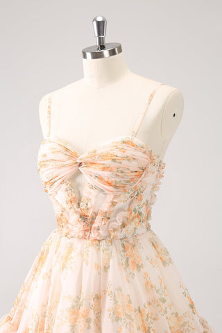 A Line Yellow Spaghetti Straps Floral Short Homecoming Dress