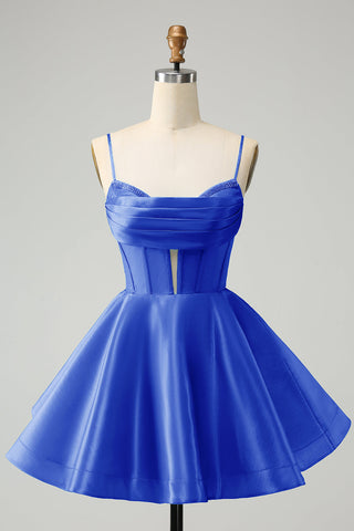 Cute Glitter Blue A Line Spaghetti Straps Corset Homecoming Dress with Beading