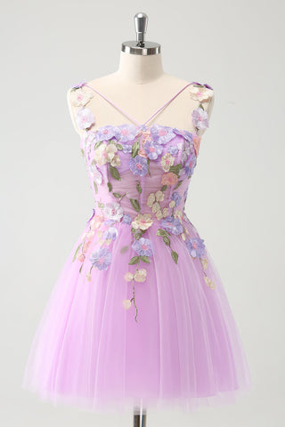 Elegant Purple A Line Halter Flowers Tulle Short Homecoming Dress with Lace Up Back