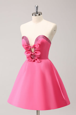 Sparkly Fuchsia A Line Beaded Strapless Homecoming Dress with Bows