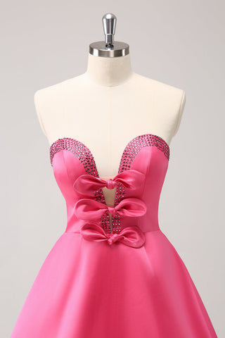 Sparkly Fuchsia A Line Beaded Strapless Homecoming Dress with Bows