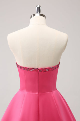 Sparkly Fuchsia A Line Beaded Strapless Homecoming Dress with Bows