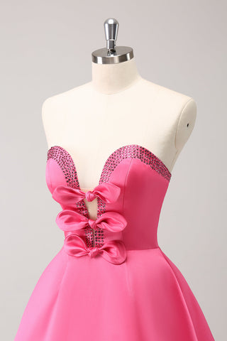 Sparkly Fuchsia A Line Beaded Strapless Homecoming Dress with Bows