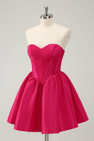 Fuchsia A Line Sweetheart Corset Satin Cute Homecoming Dress