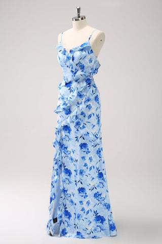 Blue Sheath Spaghetti Straps Floral Long Prom Dress With Slit