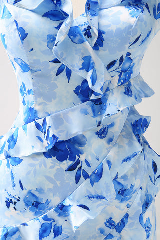 Blue Sheath Spaghetti Straps Floral Long Prom Dress With Slit