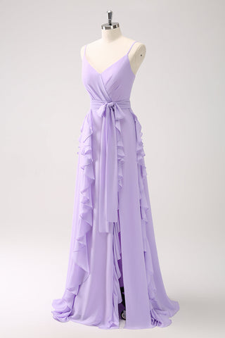 A Line Lilac Spaghetti Straps Ruffles Long Prom Dress With Slit