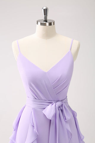 A Line Lilac Spaghetti Straps Ruffles Long Prom Dress With Slit