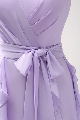 A Line Lilac Spaghetti Straps Ruffles Long Prom Dress With Slit