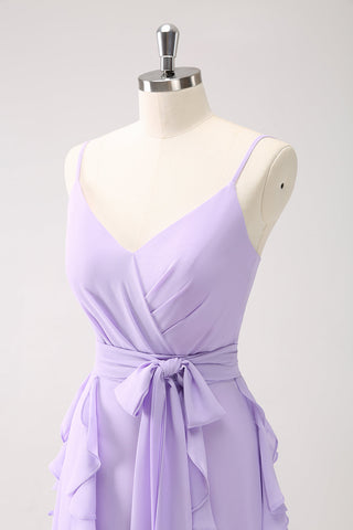 A Line Lilac Spaghetti Straps Ruffles Long Prom Dress With Slit