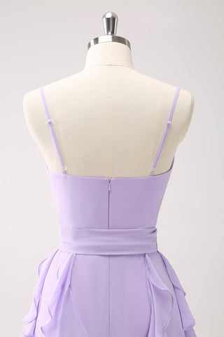 A Line Lilac Spaghetti Straps Ruffles Long Prom Dress With Slit