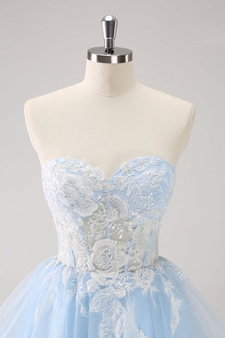 Blue A Line Embroidery Tulle Short Homecoming Dress With Removable Shoulder Strap