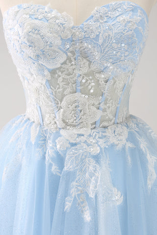 Blue A Line Embroidery Tulle Short Homecoming Dress With Removable Shoulder Strap