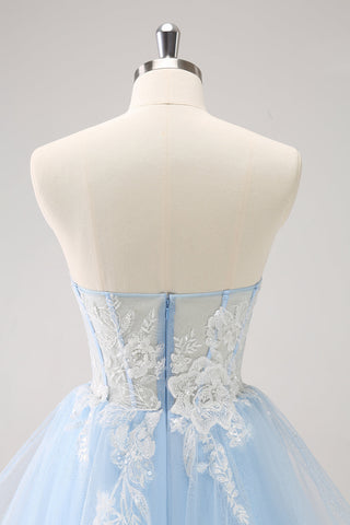 Blue A Line Embroidery Tulle Short Homecoming Dress With Removable Shoulder Strap