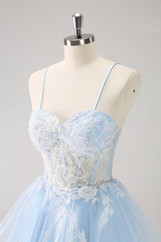 Blue A Line Embroidery Tulle Short Homecoming Dress With Removable Shoulder Strap