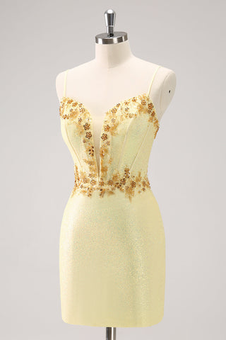 Sparkly Yellow Spaghetti Straps Sequins Tight Homecoming Dress