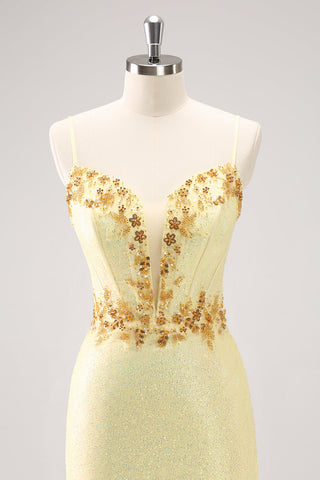 Sparkly Yellow Spaghetti Straps Sequins Tight Homecoming Dress