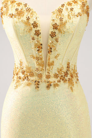 Sparkly Yellow Spaghetti Straps Sequins Tight Homecoming Dress