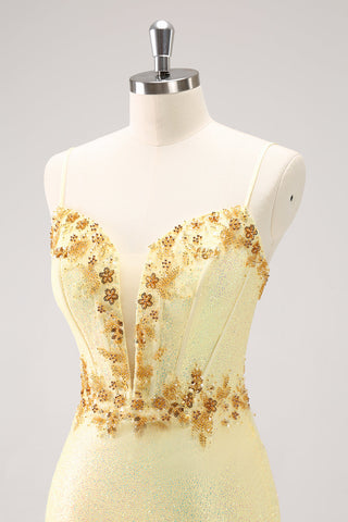 Sparkly Yellow Spaghetti Straps Sequins Tight Homecoming Dress